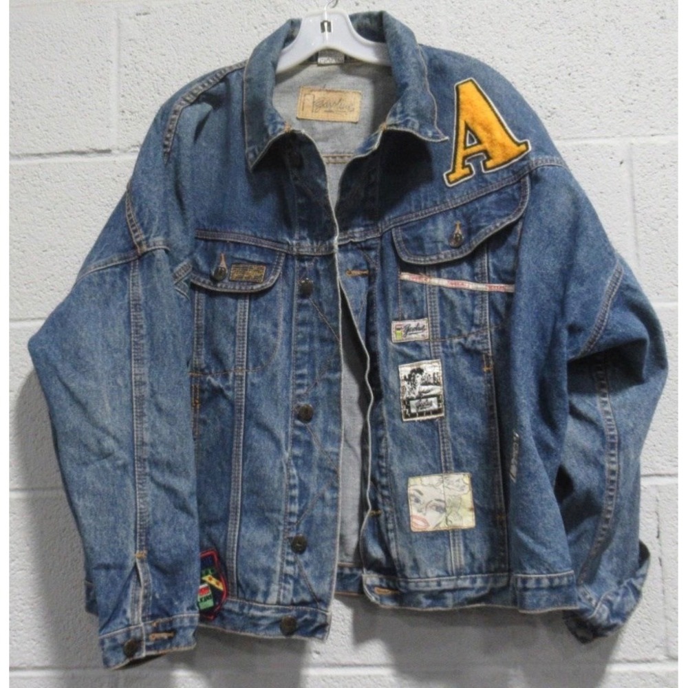 Vintage Gasoline Denim Jacket Medium Wash Patchwork Graphic Streetwear Mens M
